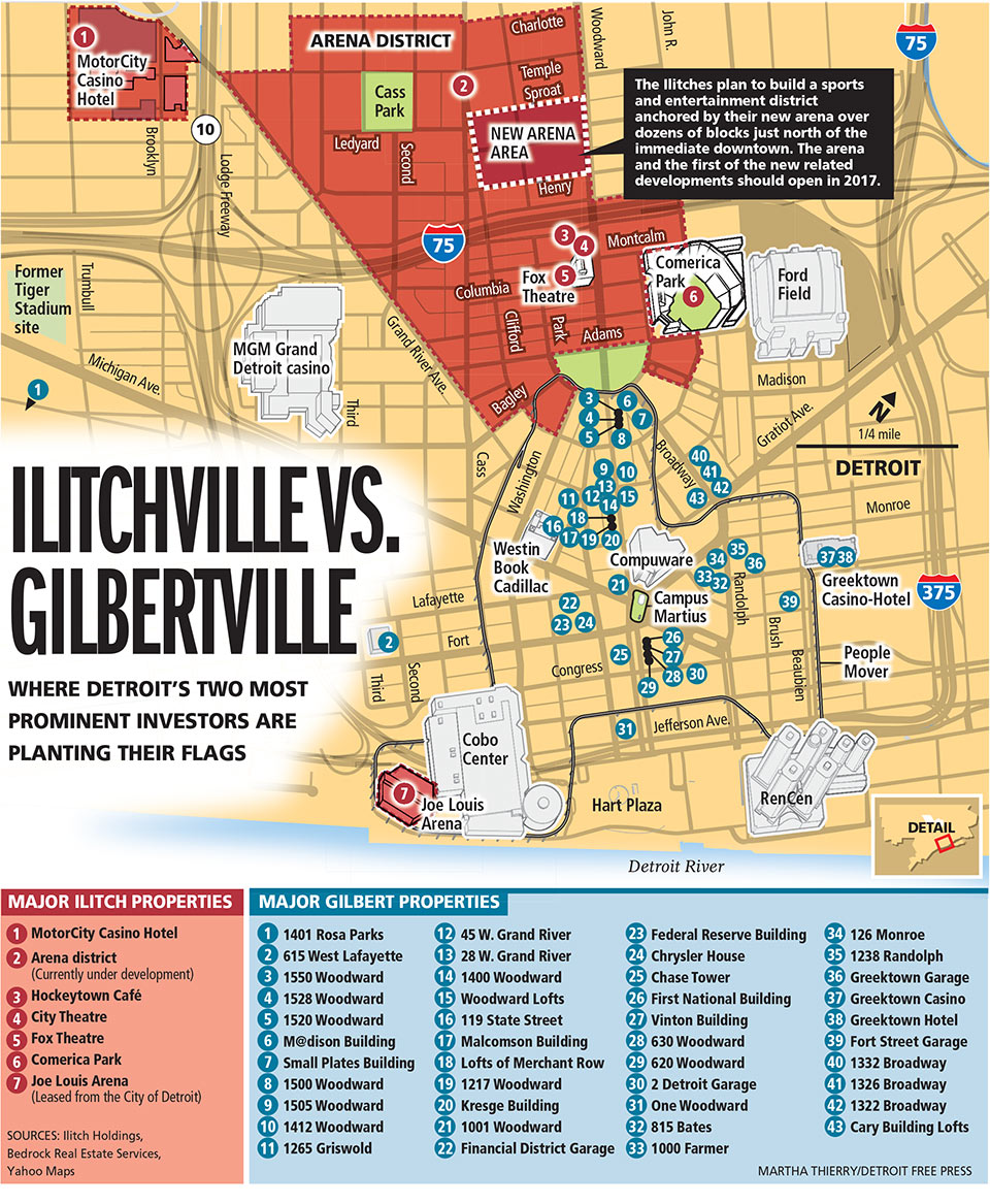 As coffee houses, industrial lofts and gastropubs pop up across greater downtown Detroit, the city’s two major empire builders – Dan Gilbert and Mike Ilitch – are planting flags across entire neighborhoods, as this graphic from the Detroit Free Press shows. Credit: Martha Theirry/Detroit Free Press.