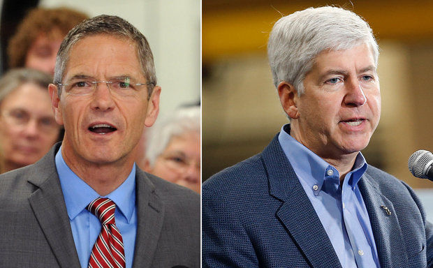 Mark Schauer and Rick Snyder debate candidacies at Sunday town hall. (courtesy photo)