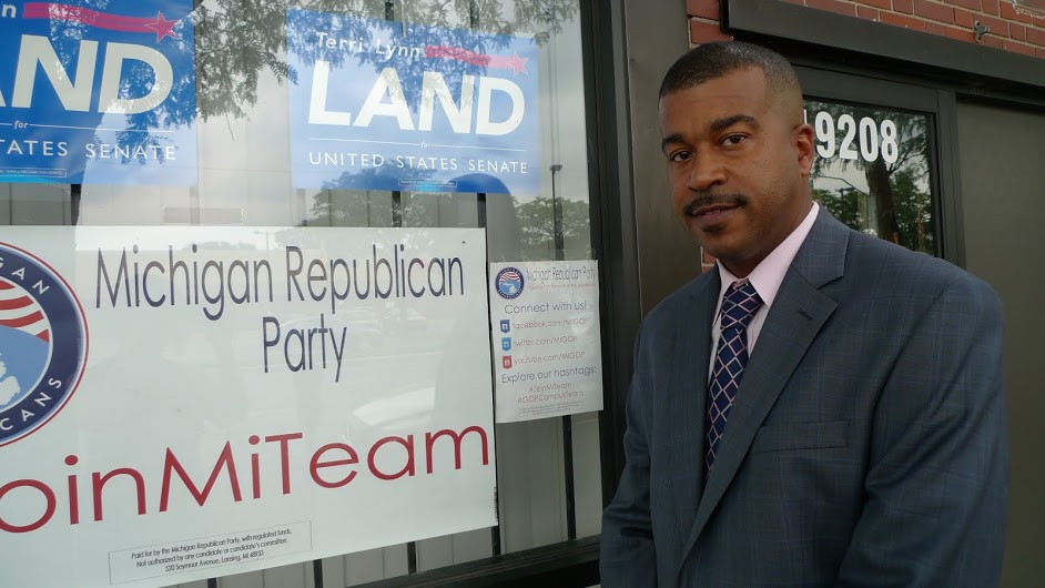  It isn’t the loneliest campaign office in Michigan. But Wayne Bradley knows he has a tough job ahead of him as he works out of this storefront on Detroit’s west side, trying to bring African Americans into the GOP tent. (Photo credit: Nancy Derringer) 