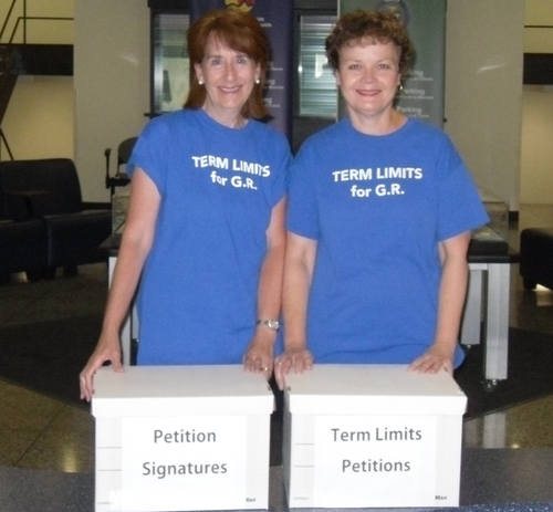 Rina Baker, left, and Bonnie Burke led the campaign to impose term limits on Grand Rapids’ mayor and city council. 