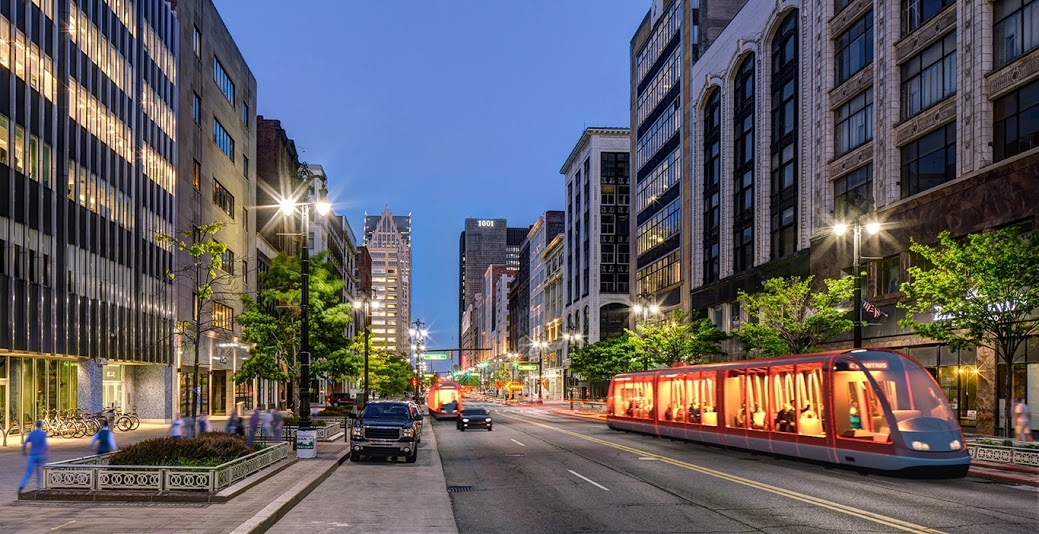  The 3.3-mile M1-Rail streetcar system, illustrated here, will connect Detroit’s downtown to Midtown when it is completed. The line is supposed to be ready by late 2016. 