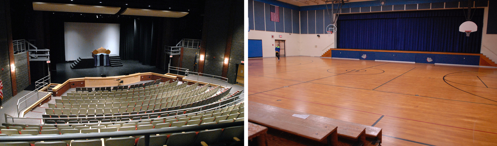 Harbor Springs High School boasts a state-of-art, 400-seat performing arts center, on left. About 20 miles east, Inland Lakes Schools uses a middle school gym, right, for the same purpose. Folding chairs are added for seating. (Bridge photos by John Russell)