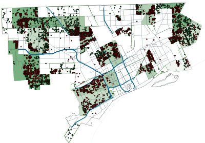 Demolition, auction and nuisance abatement activity is concentrated in neighborhoods considered strong or "tipping points" for falling farther into blight. The dots represent auctions and demolitions done since 2014 by the Detroit Land Bank Authority.