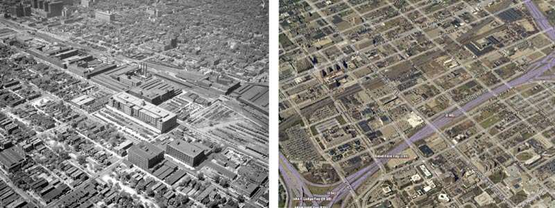 LEFT: A view of a densely packed Milwaukee Junction in 1949. The General Motors building is at upper left; the Fisher Body plant (now being considered for transformation into a techno club) is the white building in the photo's center. (DTE Aerial photo) RIGHT: A contemporary view of Milwaukee Junction. Most activity is taking place in the district boarded on the west by Woodward Avenue, on the north by East Grand Boulevard, on the south by the Ford Freeway and the east by the Chrysler Freeway. (Credit: Copyright Pictometry International Corp., used with permission.)