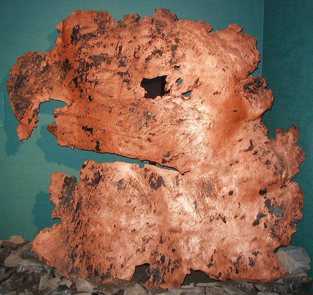 Rural communities have suffered in recent decades from plant closings. The White Pine copper mine, which once employed more than 3,000 workers in Ontonagon County, closed in 1995. (Copper sheet from the White Pine mine; photo by James St. John via Flickr, used via Creative Commons license)