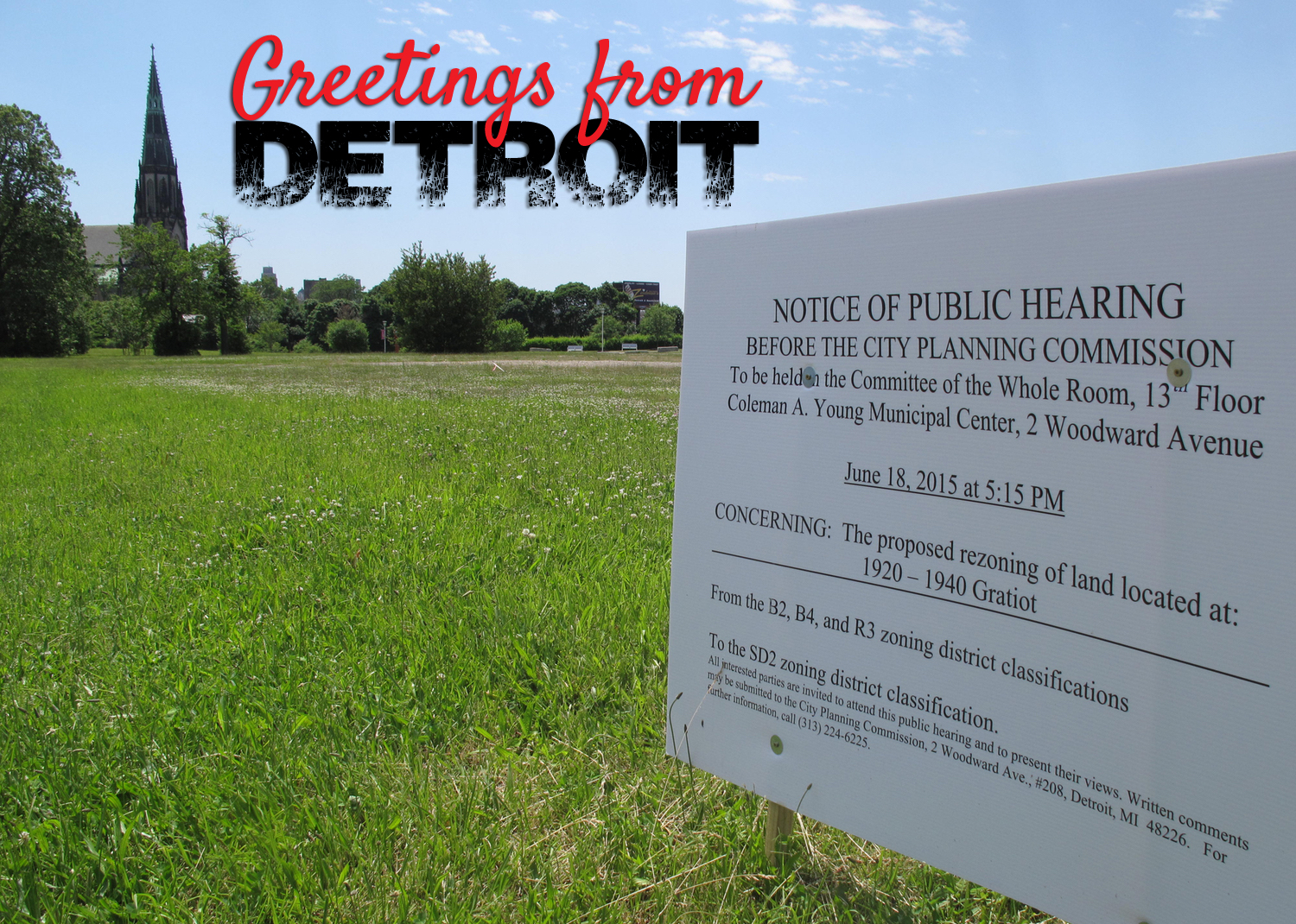 If they build an Olympic-style velodrome, will they come? A sign advises residents about a zoning hearing next week on the site of an indoor velodrome and BMX track on Gratiot in Detroit. (Bridge photo by Bill McGraw)[