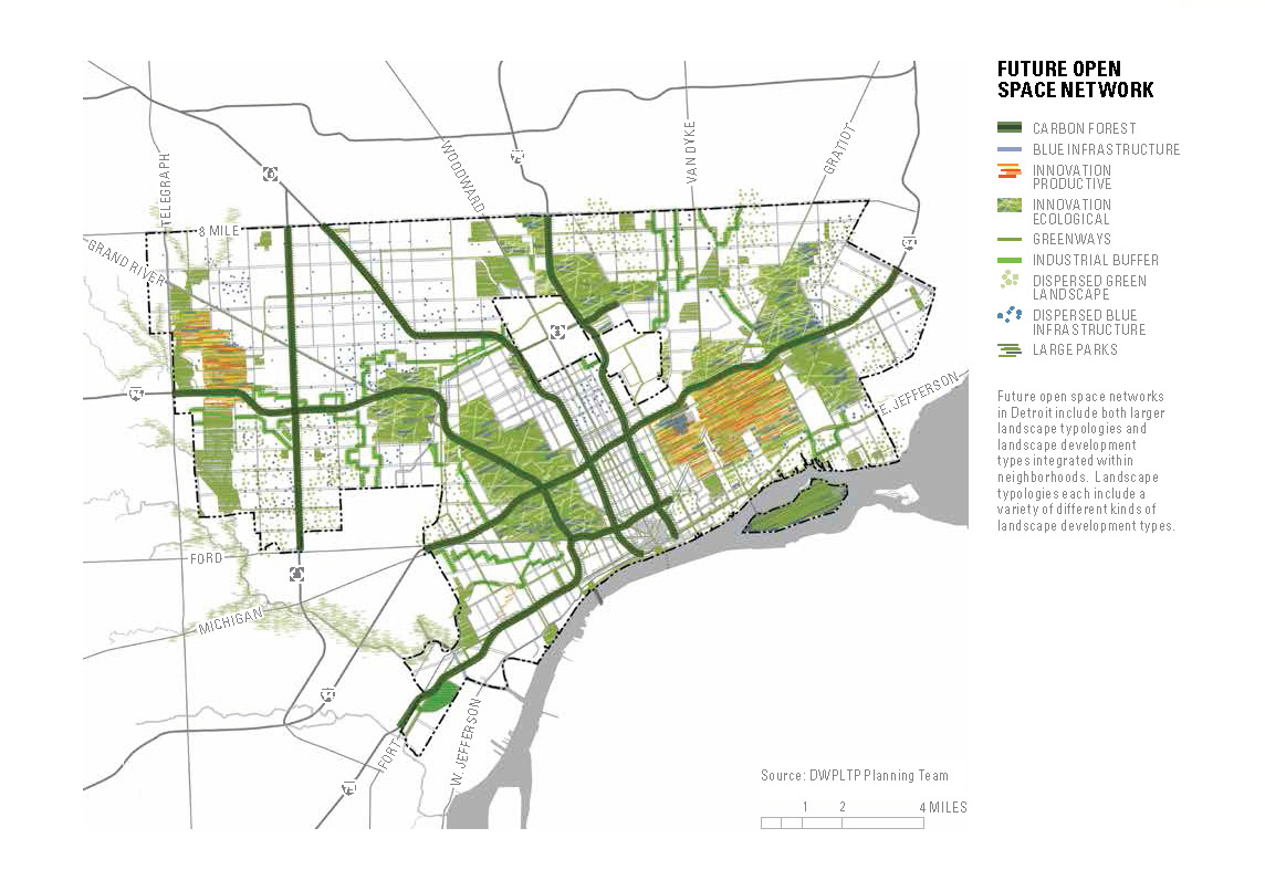 Future open-space networks in Detroit could include both large and small green areas, and they could exist inside and outside of neighborhoods, according to the Detroit Future City framework. The open spaces could contain such features as lakes, retention ponds, parks, swales, recreation areas and green buffers. Credit: Detroit Future City