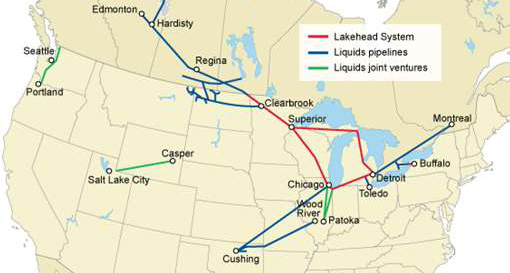 Enbridge Energy pumps about 1.4 million barrels of oil and liquid natural gas through 3,000 miles of pipeline in the United States and Canada. (Click to enlarge.)