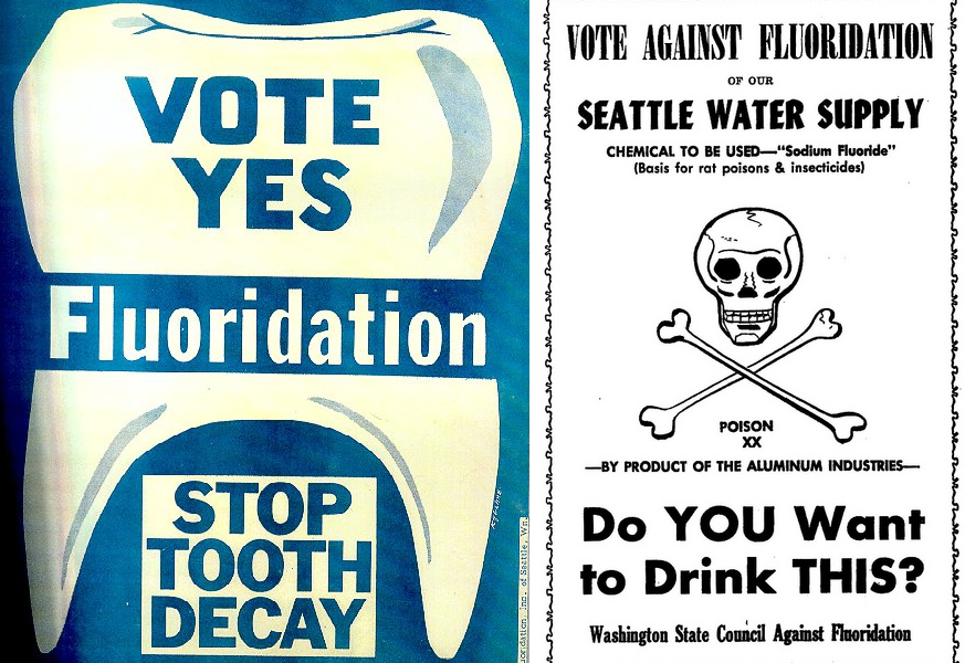 Fluoride was first added to municipal drinking water in the 1940s, with Grand Rapids leading the way. While the scientific and dental communities broadly support fluoride’s benefits, the issue was controversial from the beginning, as these materials from King County, Wash., circa 1951, attest. (Images from King County via Flickr; used under Creative Commons license) 