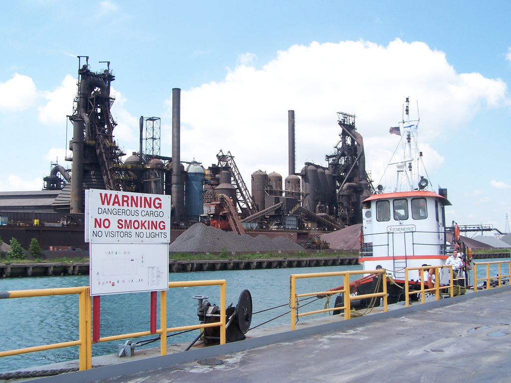 Delray's industrial sites, like the workings on Zug Island in the Detroit River, are not its worst polluters; trucks are. (Photo by Tara via Flickr; used under Creative Commons license)
