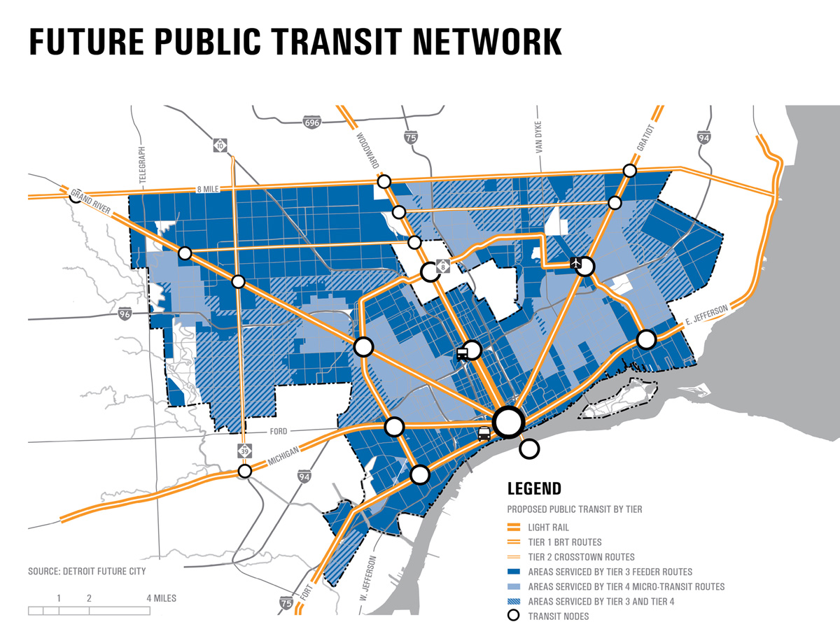  The nonprofit Detroit Future City envisions a 2030 regional transit system that includes bus and light rail service on main arteries and connectors. (Courtesy Detroit Future City)