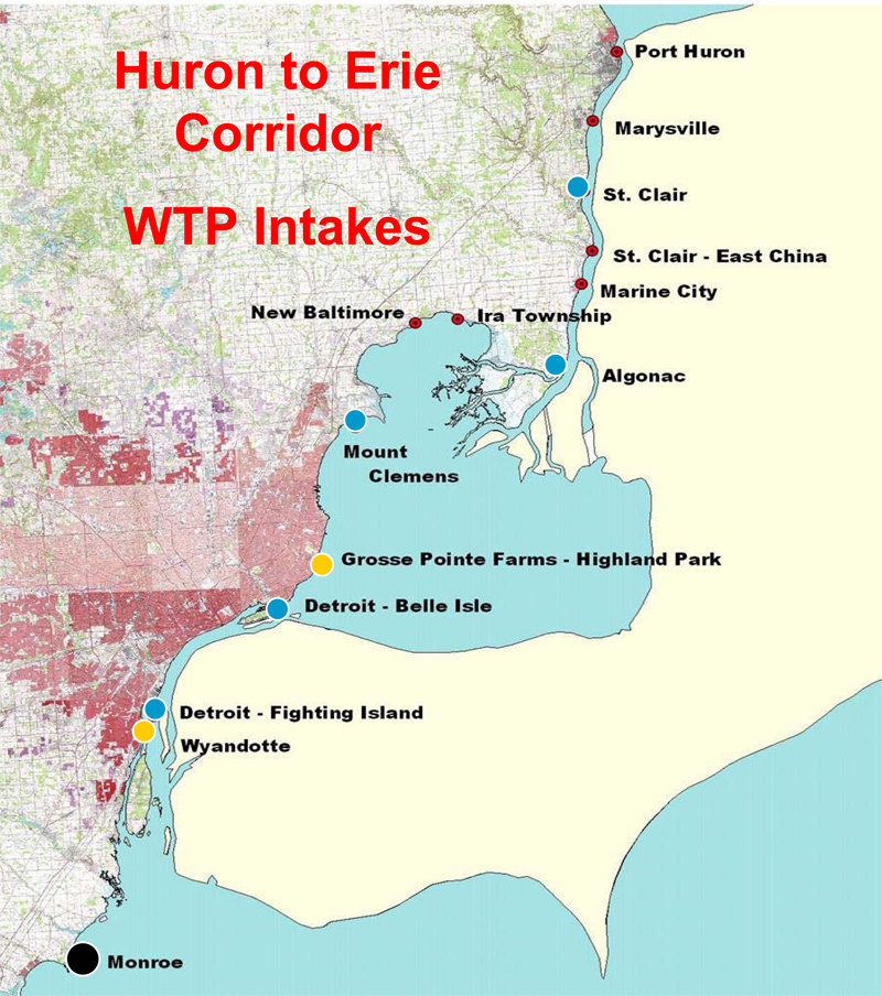 The Huron-to-Erie monitoring system relied on high-tech equipment at 14 drinking water plants, shown on this map. Computer driven, with mass spectrometers and gas chromatographs, the system analyzed water quality around the clock, sounding the alarm if it detected contamination.