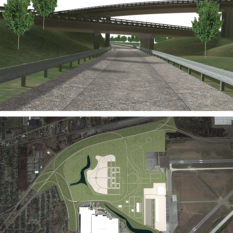 Two other perspectives from the conceptual rendering of the planned American Center for Mobility at Willow Run in Washtenaw County. (Courtesy of Michigan Economic Development Corp.) 
