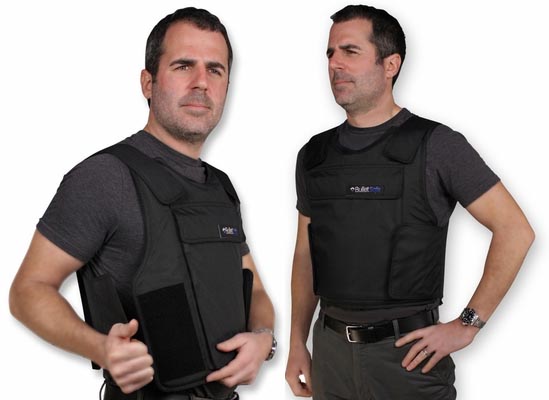 Tom Nardone wears many hats at his several businesses. Here, he shows off the BulletSafe vest’s coverage on a company website. 