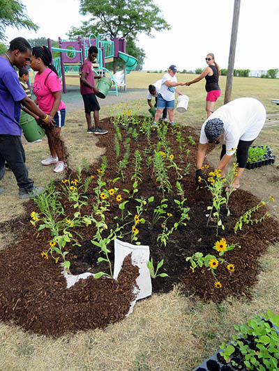 Volunteers construct a rain garden in Detroit earlier this summer at A.B. Ford Park not far from the Detroit River. (Photo courtesy Friends of the Rouge) 