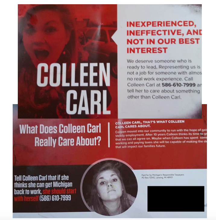  A group called Michigan’s Responsible Taxpayers attacked two candidates in the 33rd House District in Macomb County who had campaigned as conservatives, including Colleen Carl, of Armada. 
