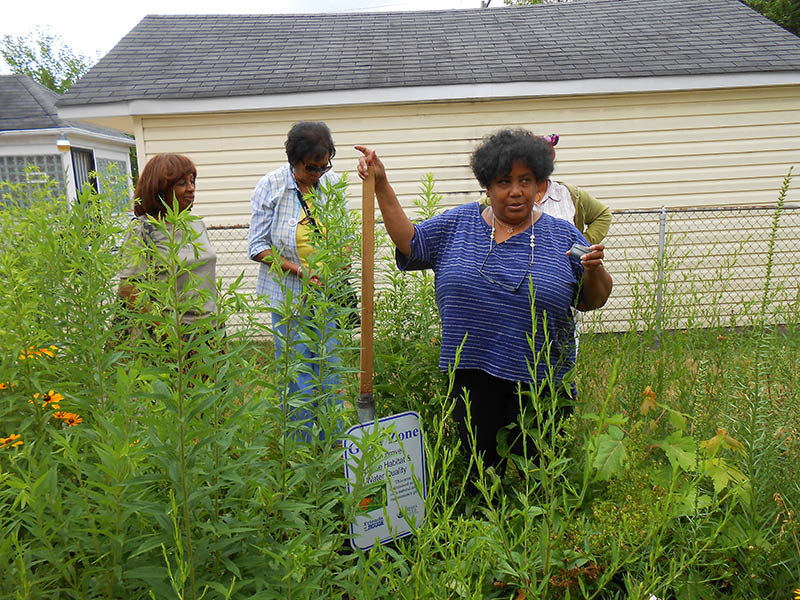 Detroit resident Valerie Burris discusses the rain garden she built in her yard on Stahelin Street. (Photo courtesy Friends of the Rouge) 