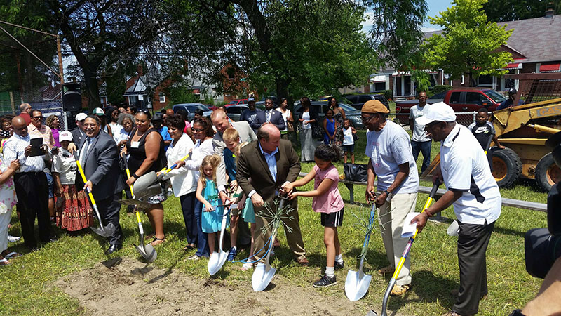  In July, Detroit Mayor Mike Duggan lead the groundbreaking ceremony for the revitalization of Viola Liuzzo Park. The project includes bio-retention areas that will capture stormwater, and keep it out of local streams. (Photo courtesy city of Detroit) 