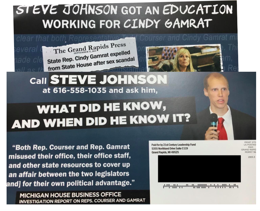  The 21st Century Leadership Fund attacked Republican Steven Johnson, of Wayland, in a five-way race in the 72nd District. Johnson had reportedly once worked in the office of disgraced Rep. Cindy Gamrat. 