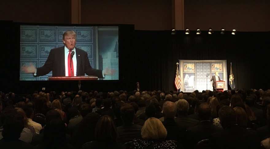 Donald Trump speaks to about 1,500 people at Cobo Center in Detroit on Monday, hosted by the Detroit Economic Club. (Bridge/Crain’s photo by Lindsay VanHulle)