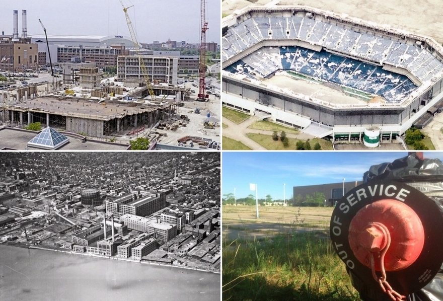 Clockwise from top left, mega-projects in metro Detroit that could fill large brownfield sites include: the stalled Wayne County Jail site; the Pontiac Silverdome site; the now-closed Summit Place mall in Pontiac; and the old Uniroyal site along the Detroit River (File photos) 