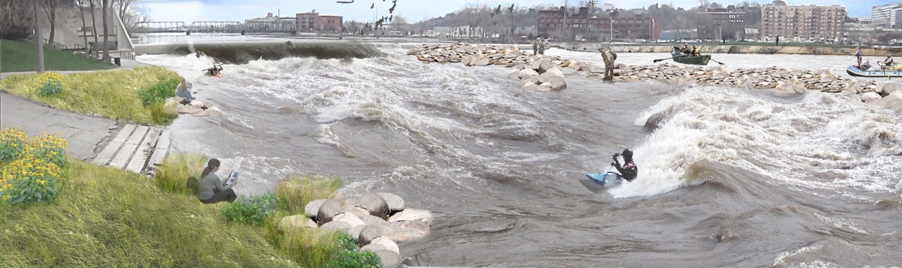 Two committed volunteers have spearheaded a project to return untamed rapids to the Grand Rapids waterfront. (Conceptual image courtesy of River Restoration & Grand Rapids Whitewater)