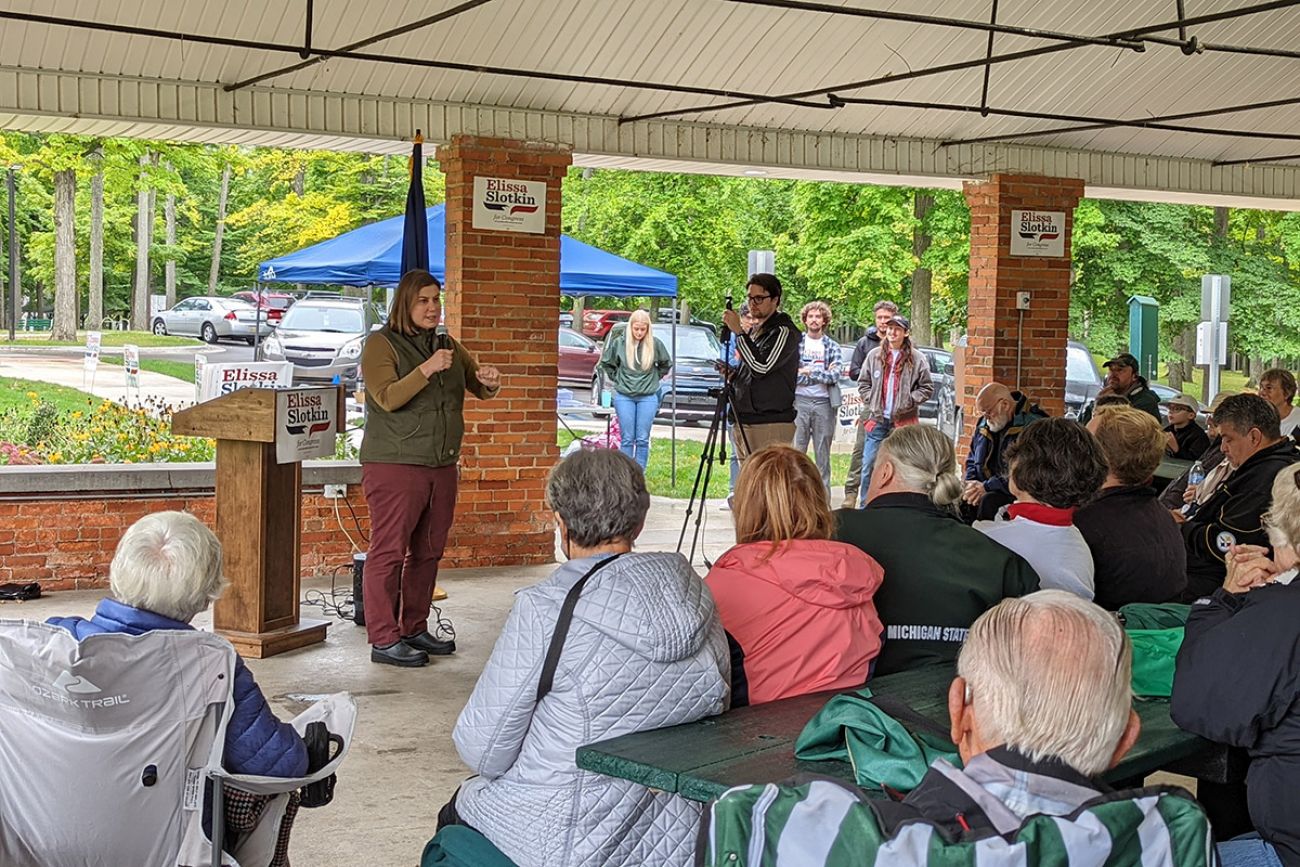 Elissa Slotkin speaking at a town hall