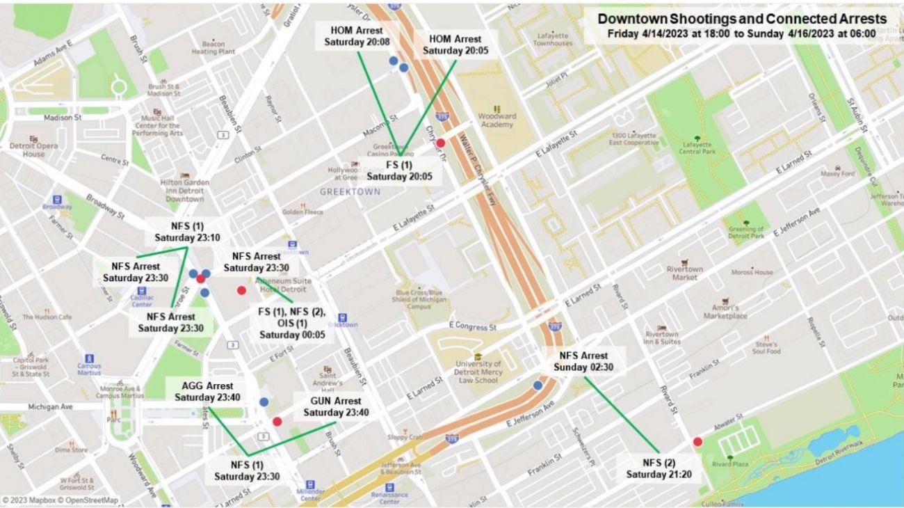 map of downtown Detroit shooting arrests