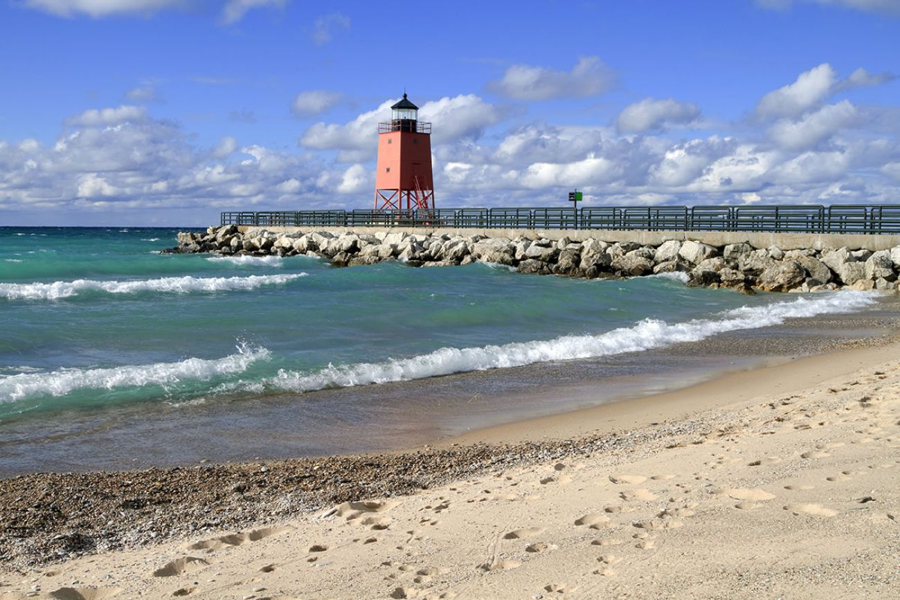 Waves roll in on a fall day at the beach of Charlevoix, Michigan.