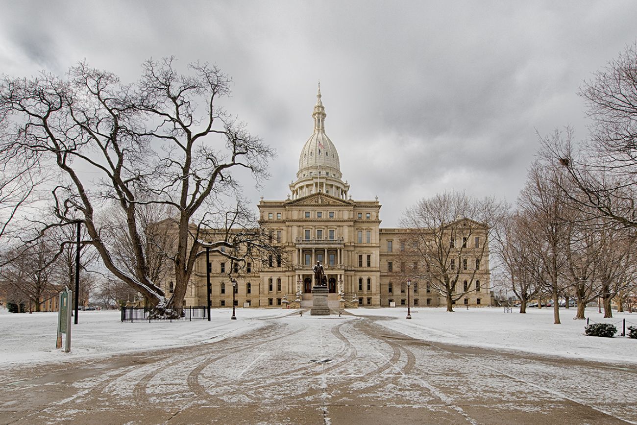 snow outside the Michigan Capitol