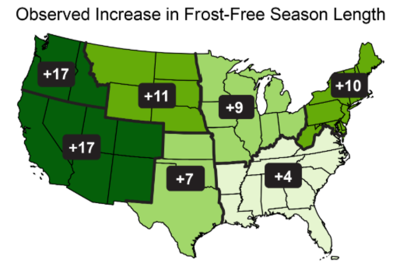 frost-free season in a USA map