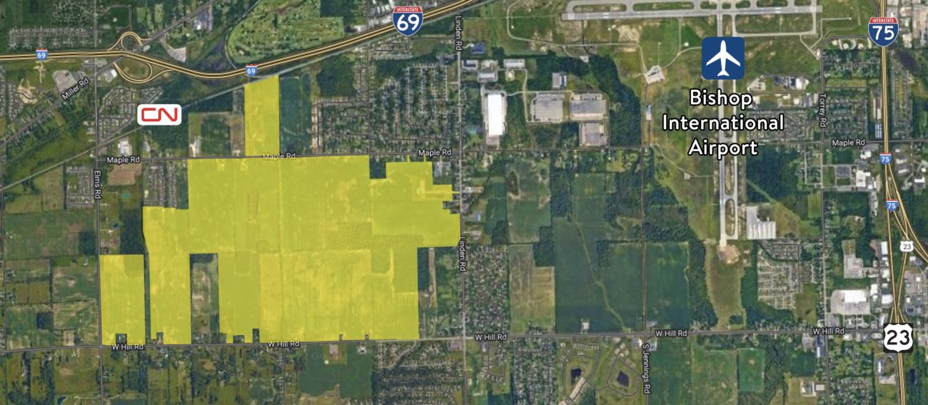 A shot of an aerial map. In yellow shows where Flint-area megasite is expected to built