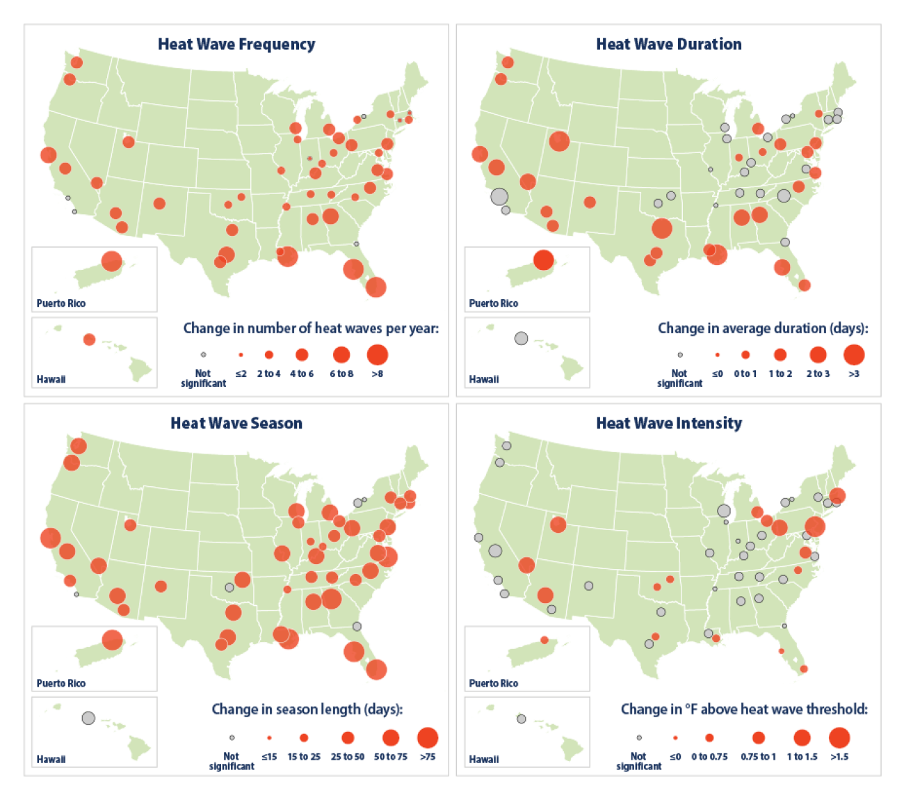 Four maps of different heat waves. The maps are shaped like USA