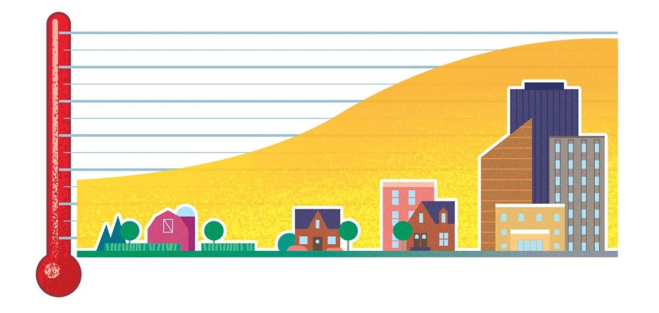 A graphic of thermometer on the left. on the right is different types of buildings