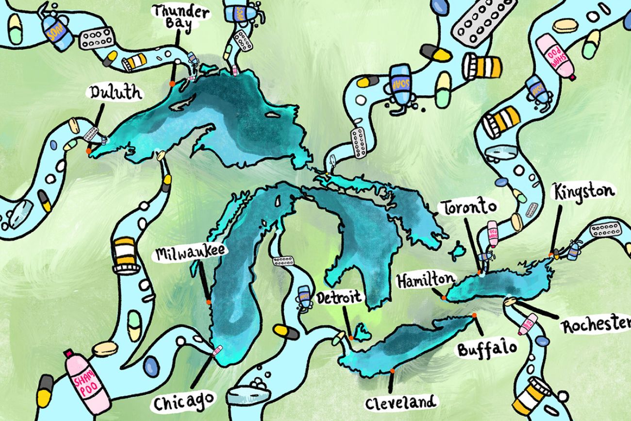 Illustration of trash in the Great Lakes