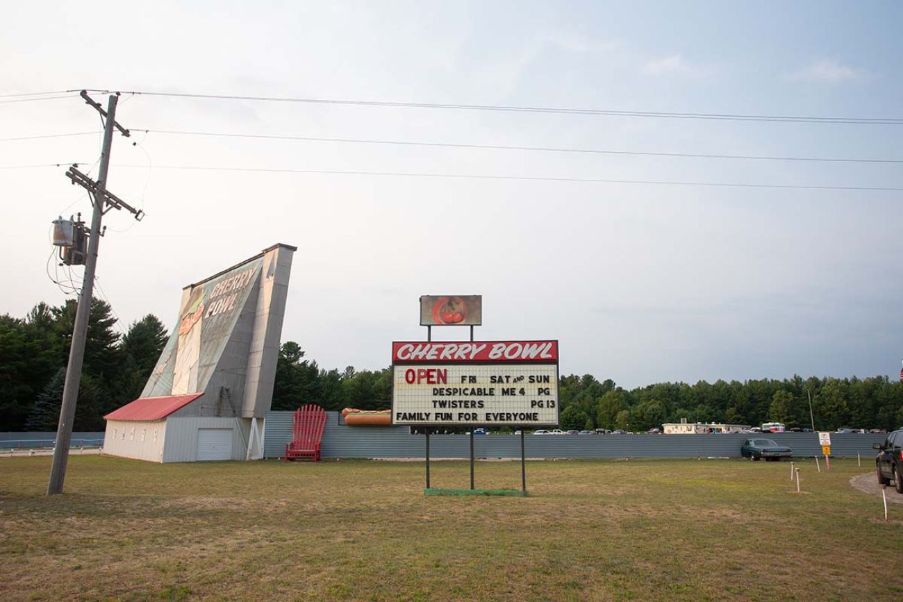 A sign for the Cherry Bowl Drive-In Theatre in Honor