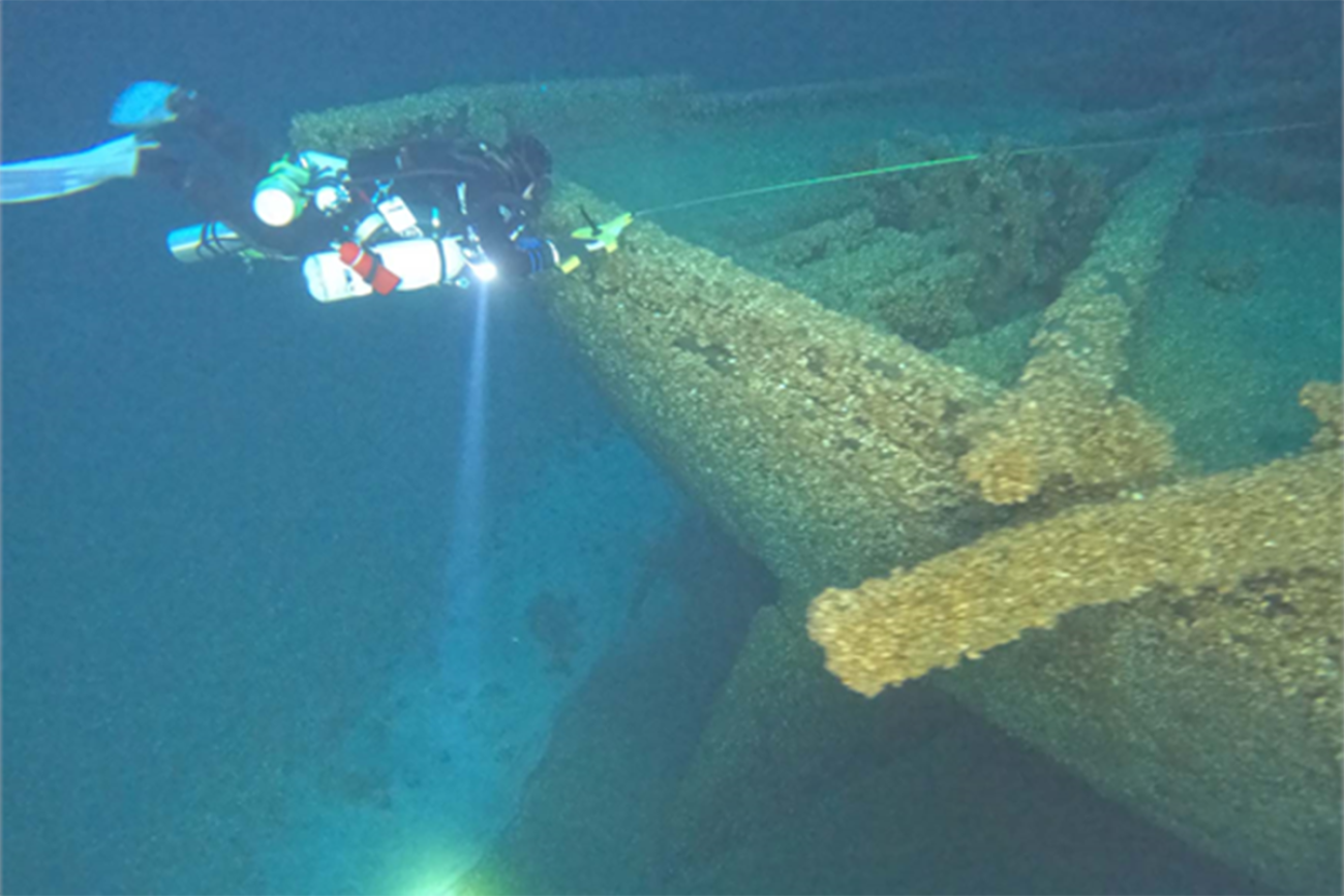 A diver looking at Mojave. The ship looks green now. 