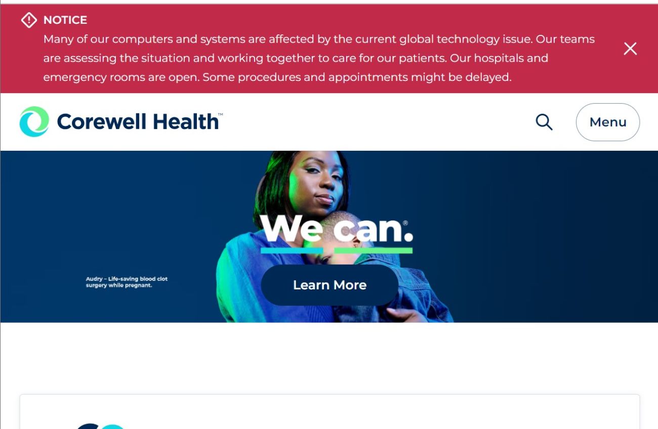 A banner on top of Corewell's website talking about the outage