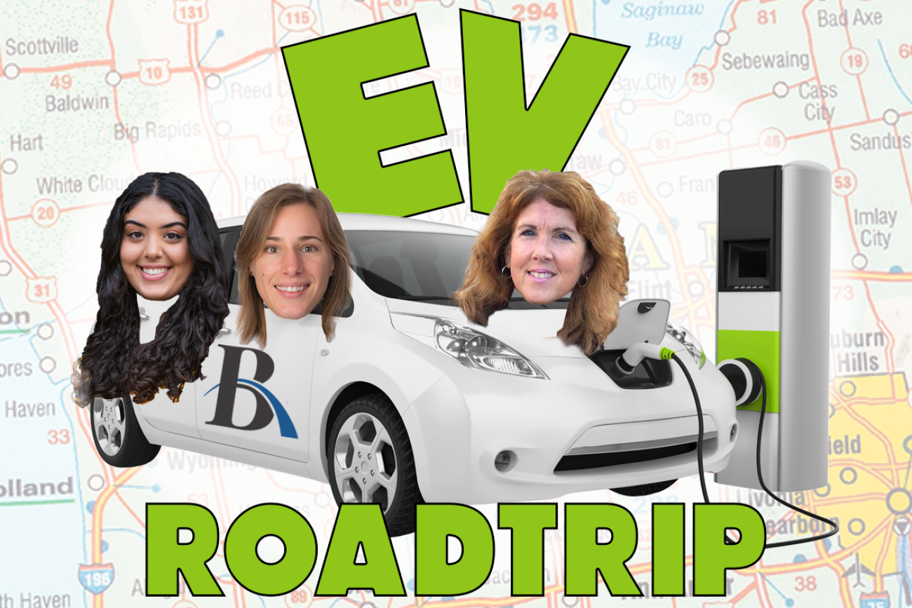 EV Roadtrip graphic. There's an EV car with the cut out of Paula Gardner, Kelly House, Asha Lewis faces
