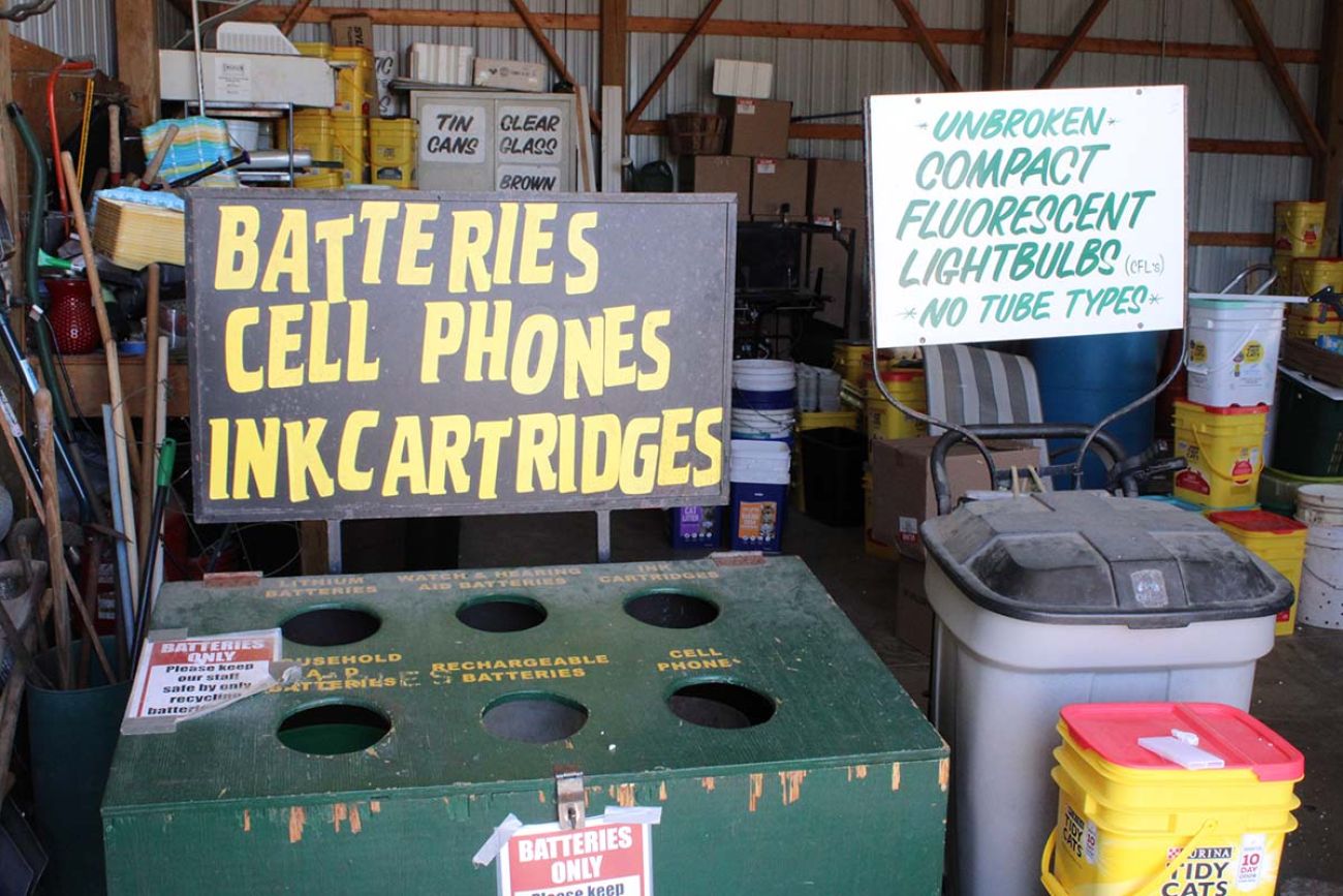 A green bin to recycle batteries, cell phones and ink cartridges
