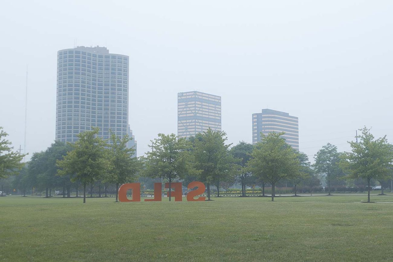 Downtown Southfield in a haze caused by the smoke from the Canadian wildfires in 2023
