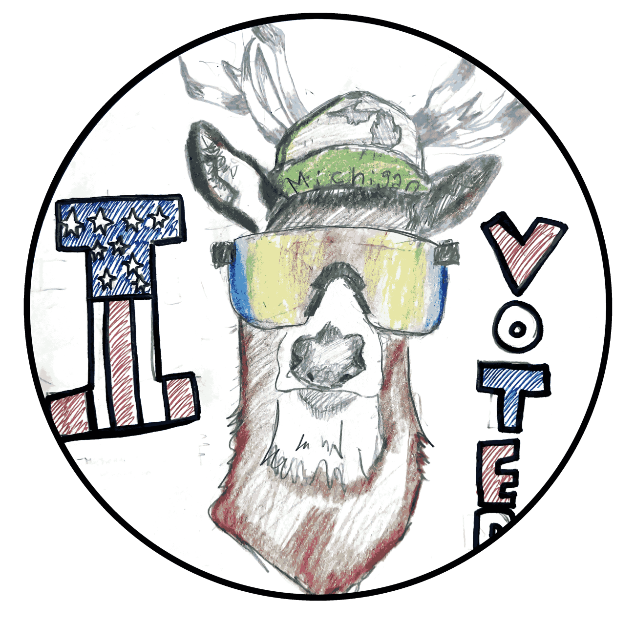 This sticker has a deer with sunglass. The deer is between the I and Voted