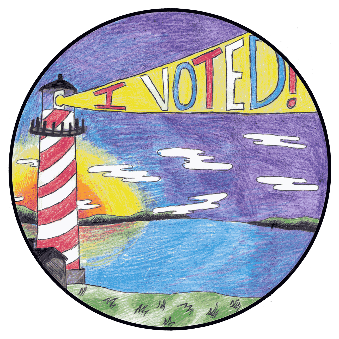 The sticker has a lighthouse and in the light says I Voted