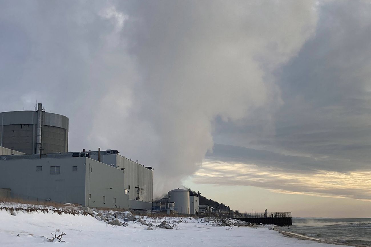 Outside view of the Palisades nuclear power plant on a snowy day