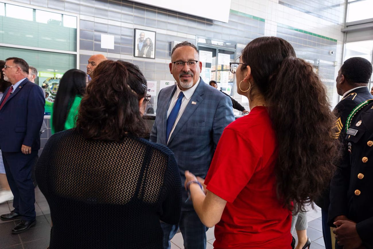 U.S. Sec. of Education Miguel Cardona speaks to students