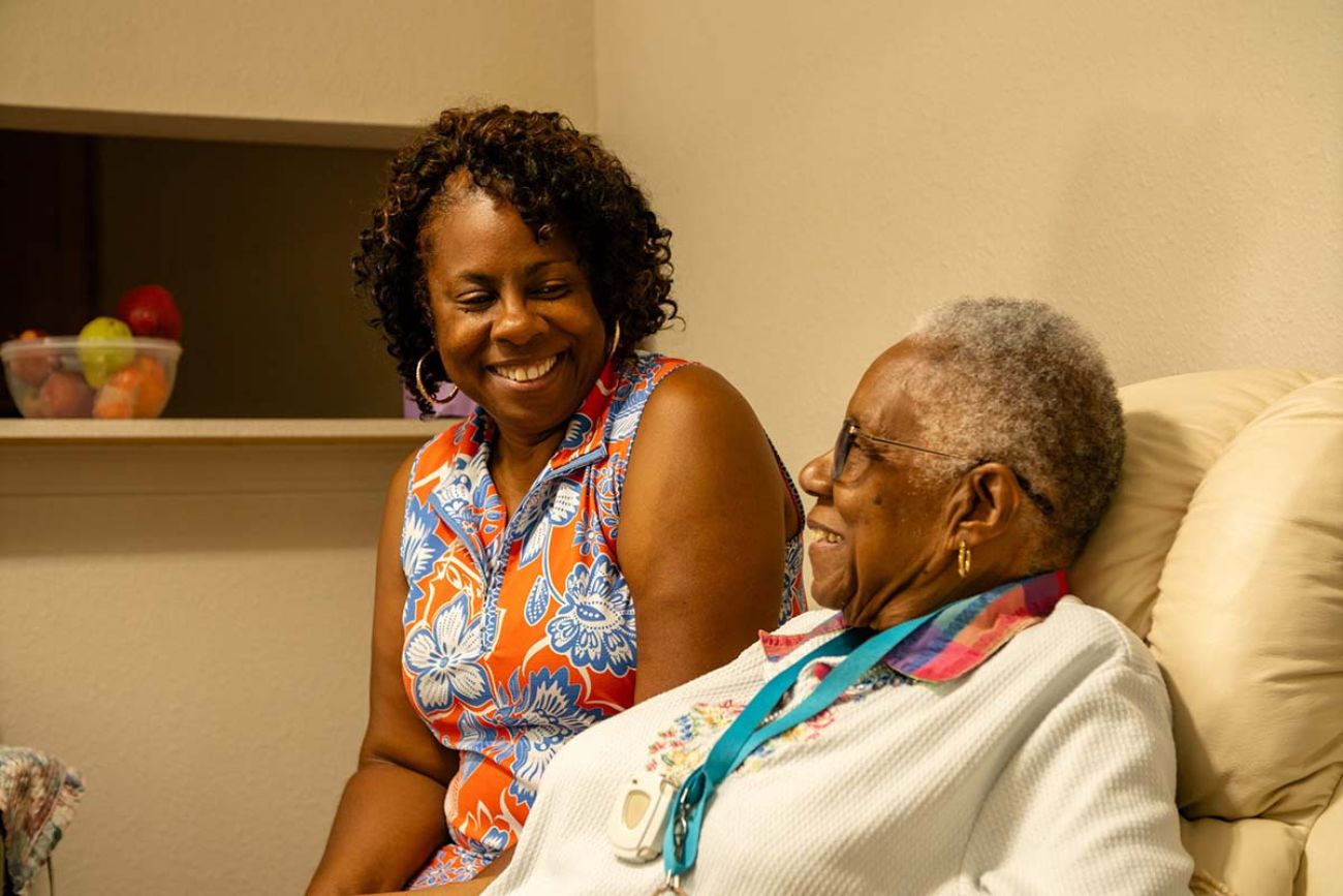 Gwendolyn Wilson, 93, and her daughter Kathryn Wilson, 64, talking to each other