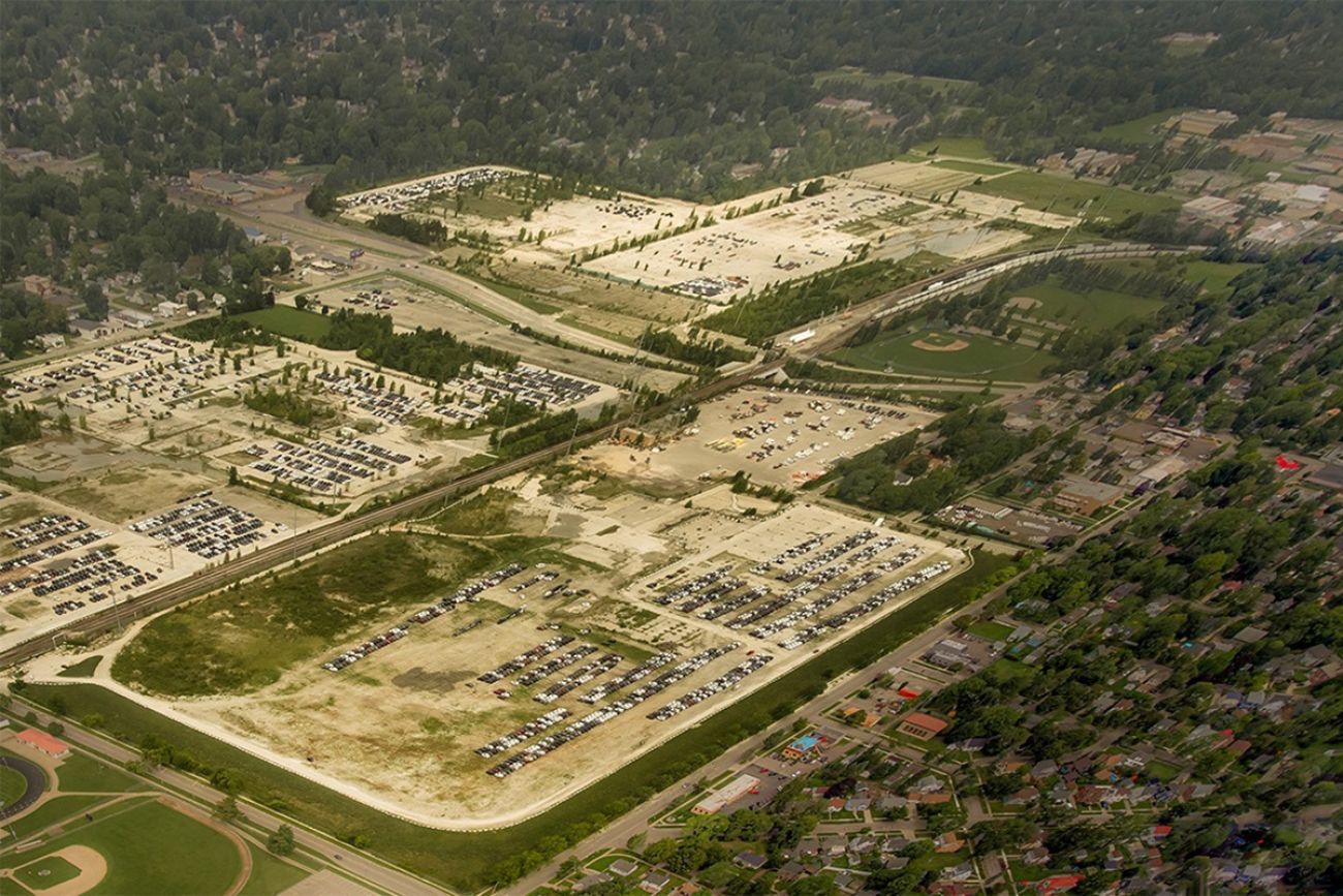 An aerial photo of ast property in Lansing that formerly housed three General Motors plants