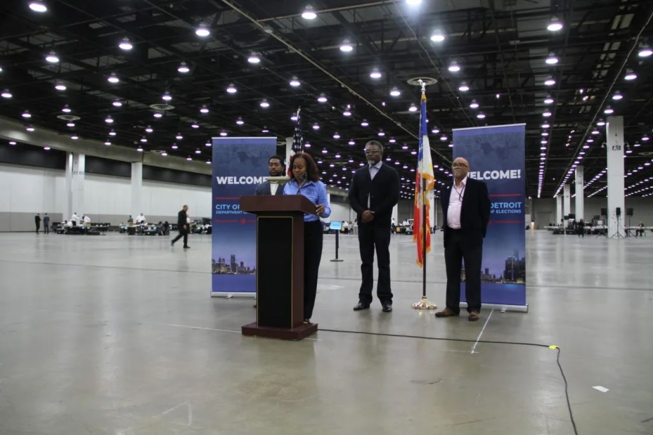 City Clerk Janice Winfrey at a press conference at Huntington Place 