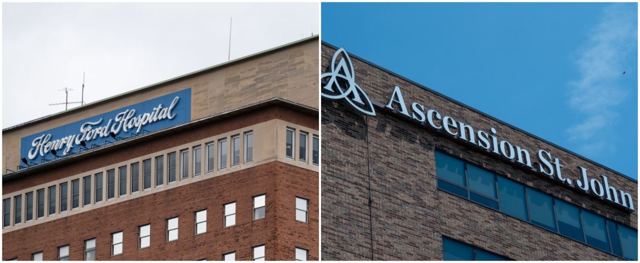 Henry Ford Health Hospital on the left and Ascension St. John on the right