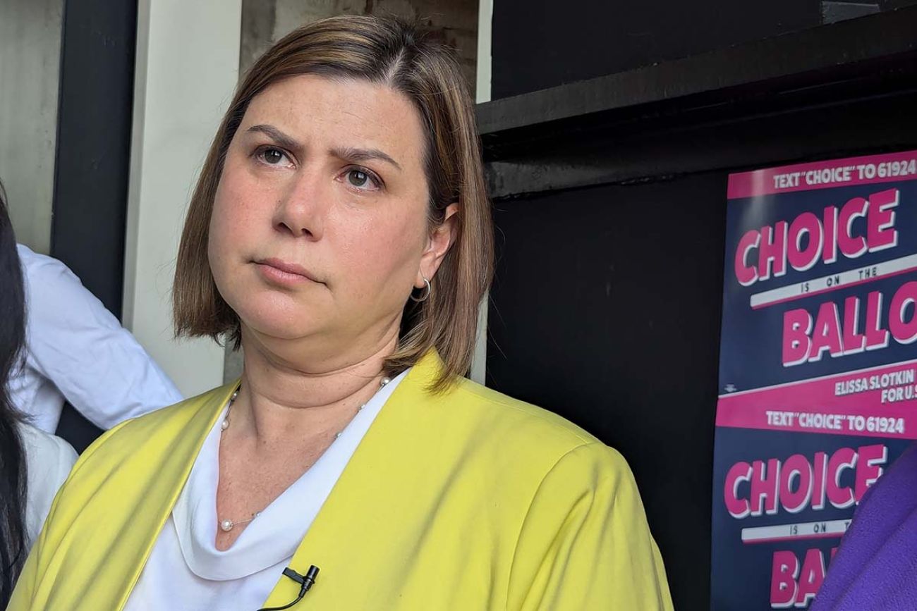 Democratic U.S. Senate candidate Elissa Slotkin wears a yellow blazer and white shirt